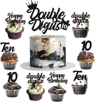 10 Decoratiuni Tort Negru, Cifre Duble Cupcake Topper pentru Fete Băieți de-a Zecea Aniversare Petrecere Decoratiuni si Consumabile