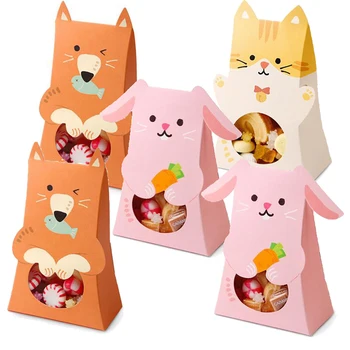 12Pcs Animal Hârtie Bomboane Cutie Cu Fereastra Pentru Petrecere de Aniversare pentru Copii Consumabile Pisica Iepure Copil de Dus Cadou Ciocolata Sac de Ambalare