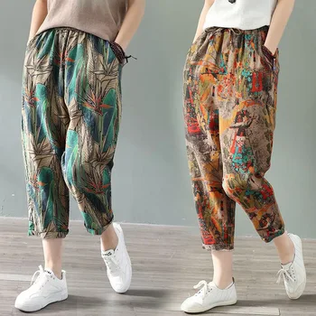 2022 Moda De Vara Din Bumbac Imprimat Lenjeria De Pantaloni Harem Pentru Femei, Casual, Talie Mare Bovina-Lungime Pantaloni Largi Femei Streetwear