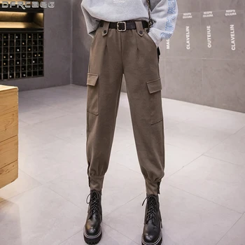2022 Streetwear Pantaloni Femei Harajuku Iarnă Lână Cald Doamnelor Pantaloni Stretch Talie Mare Pantaloni Harem Gri-Negru Kaki