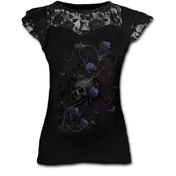 2023NEW Y2k Grafic T Shirt pentru Femei Gotic Plus Dimensiunea Îmbrăcăminte Negru Grunge, Punk Teuri Doamnelor Dantela cu Maneci Scurte Topuri de Vara Tsh