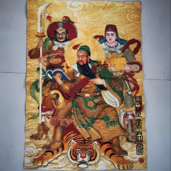 36 inch Chinezesc de Mătase broderie Guan Gong Yu Războinic Dumnezeu 2 Paznici Thangka Picturi Murale