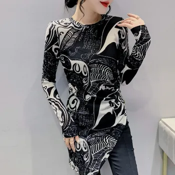 #8178 Lungi Tricou Femei Asimetric Mesh T-shirt cu Maneci Lungi coreeană de Moda Vintage Print Tee Camasa Slim Streetear Tee Toamna