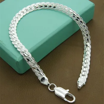 Argint 925 Clasic plat lateral Bratari de lanț pentru femei, Moda pentru bărbați Petrecere de Nunta Cadouri Bijuterii pulseras