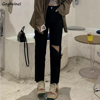 Blugi Femei Glezna-lungime Gaură Creativitatea Streetwear coreeană Stil Chic Button-fly All-meci Elevii Pantaloni de Vara Femme