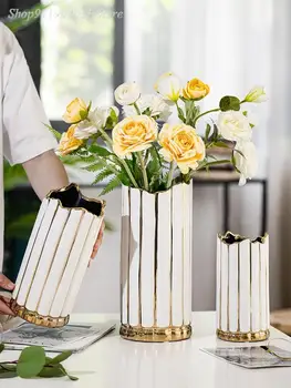 Creativitatea Contur Alb În Aur Vaza Ceramica Dungi Neregulate Hidroponice Aranjament De Flori Drept Vaze De Flori Decor