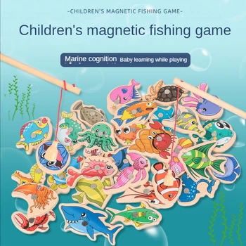 Din lemn Magnetic Fshing Joc de Desene animate Viața Marină Cunoaștere Pește Tija de Jucarii pentru Copii Educaționale Timpurii Părinte-copil Interactive