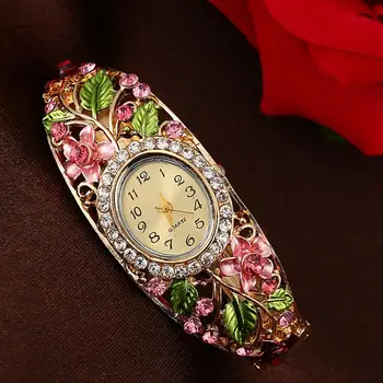 Femei Ceasuri Placate Cu Aur Floare De Cristal Brățară Brățară Doamnelor Ceas De Lux Marca Cuarț Ceas De Mână Bayan Kol Saati Reloj Mujer