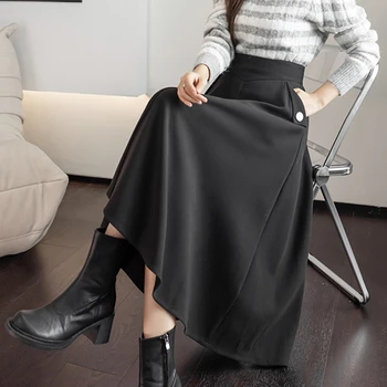 Femei Slim Coreean Fuste Doamna Toamna Iarna Talie Mare-Linie De Design Butoane Solide Fusta De Moda De Sex Feminin Casual Japonia Streetwear