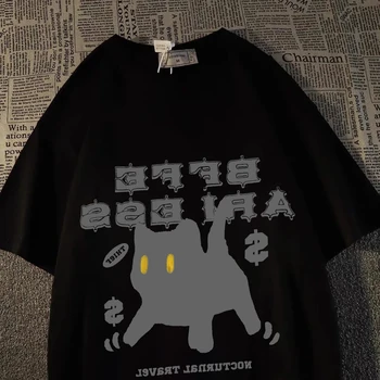Harajuku Tricouri Hip Hop Streetwear Topuri Pisici Imprimare Tricou Bărbați Vară Vrac Casual Cu Maneci Scurte Supradimensionat Tricou Om De Îmbrăcăminte