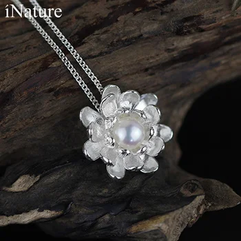 INATURE Argint 925 apă Dulce Pearl Floare de Lotus Pandantiv Colier Pentru Femei Bijuterii