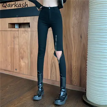 Jambiere Femei cu Fermoar Design Gaura S-3XL Talie Mare, Solid Streetwear Elegant Harajuku Doamnelor de Toate-meci Rece Jos Ins Ulzzang