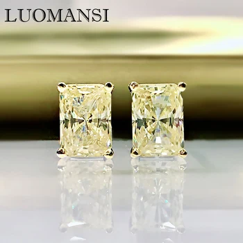 Luomansi 100%-S925 Argint Strălucitoare Dreptunghi Alb Galben Ridicat De Carbon Diamant Cercei Stud Femeie Bijuterii