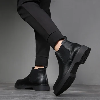 mens de moda platforma cizme groase de bumbac pantofi de iarna negru piele de vacă boot tineri chelsea botas masculinas glezna botines hombre