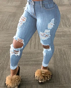 Moda pentru femei Slim Fit Jeans Fierbinte Spălat Culoare Rupt Gaura Ciucure Elastic talie mijlocie Denim Creion Pantaloni Lungi Pantaloni