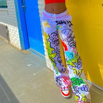 Moda Vrac Graffiti Print De Înaltă Talie Pantaloni Casual, Streetwear-Sexy Pantaloni Femei Picior Elastic Talie De Sex Feminin Pantaloni Funduri