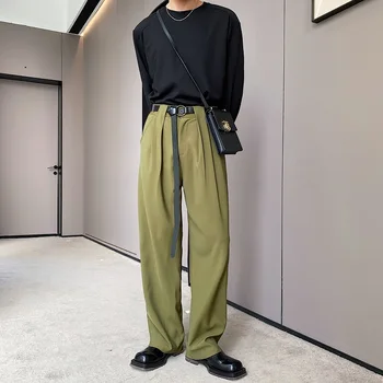 Noua Centura de Proiectare Direct Casual Pantaloni Barbati Moda vintage Lungi Largi Picior Pantaloni Costum Om coreean Streetwear Pantaloni