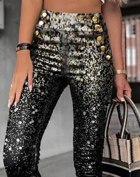Pantaloni pentru Femei 2022 Moda Trendy Sclipici Butonul Print Decor Casual, Talie Mare Pantaloni Skinny Toamna YK2