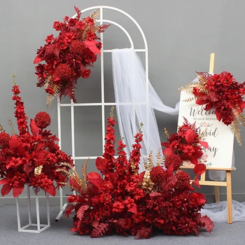 Red Rose De Aur Frunze Flori Artificiale Rând Zambile Mac Decor Petrecere De Nunta Arc Căsătorie Semn De Bun Venit Road Duce Fals Florale