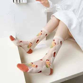 Retro Flower pentru Femei Șosete Creativ Mediu Transparent Ciorapi Trendy de Imprimare de Sticlă Ultra-subțire de Mătase Șosete Ciorapi sex Feminin