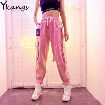 Roz de Înaltă Talie Pantaloni pentru Femei Harajuku Buzunare Mari Unisex Hip-Hop, Punk Pantaloni de Primăvară Femei Pantaloni Largi Pantaloni Lungi Streetwear