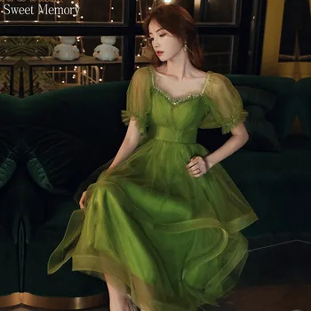 S115 2 Tipuri De Wearings Puff Mâneci Verde Rochie de domnisoara de Onoare CRYSTA Încreți Petrecere Rochii de Bal Pentru Performanță Ziua Curtea