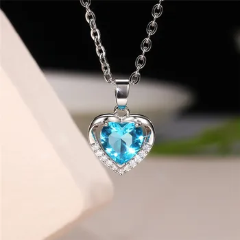 Simplu Dragoste Inima de Ocean Zircon Colier de Cristal Albastru pentru Totdeauna de Culoare de Argint Pandantiv Colier pentru Femei Petrecerea de Nunta Bijuterii