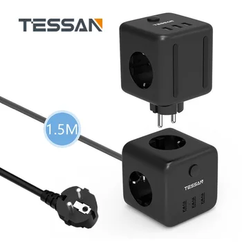 TESSAN UE Plug Extensia Priza prelungitor Cub cu 3 Prizele de 3 Porturi USB de Încărcare de 1,5 M/5 ft Cablu limitator de Suprasarcină Comutator