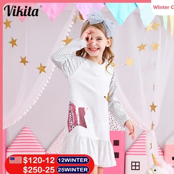 VIKITA Copii Rochii pentru Fete Costum cu Maneci Lungi Bumbac Rochie de Printesa pentru Copii Haine Reversibile Sequined Rochie Fete Copii