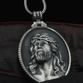 Vintage Medalie Comemorativă Pandantiv Colier de Lanț Hristos Isus Pur Staniu Vechi Pandantiv Barbati Religioasă Catolică Colier