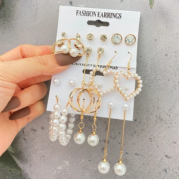 VKME Moda Vintage Perle Inima Legăna Cercei Set Pentru Femei Ciucure Rotund Picătură Cercei Perle de Cristal Hoop Cercei Bijuterii