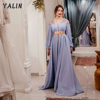 YALIN Albastru Elegant Dubai Rochie de Seara V-Gât Șifon Mâneci Lungi Femei Rochie de Bal O-Linie Arabia Saudită Plus Dimensiune Rochii