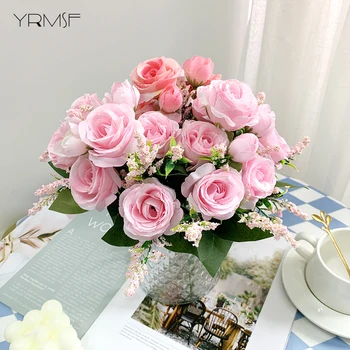 YRMSF Flori Artificiale de Trandafir Buchet de Mireasa Flori de Matase Capete Mari Artificiale, Ramură de Decor pentru Casa DIY Nunta Petrecere Decora